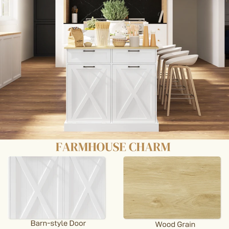 HOMCOM Sideboard with Tilt-out Trash Bin, Farmhouse Kitchen Sideboard with 2 Drawers, Adjustable Shelves, Door Racks, White
