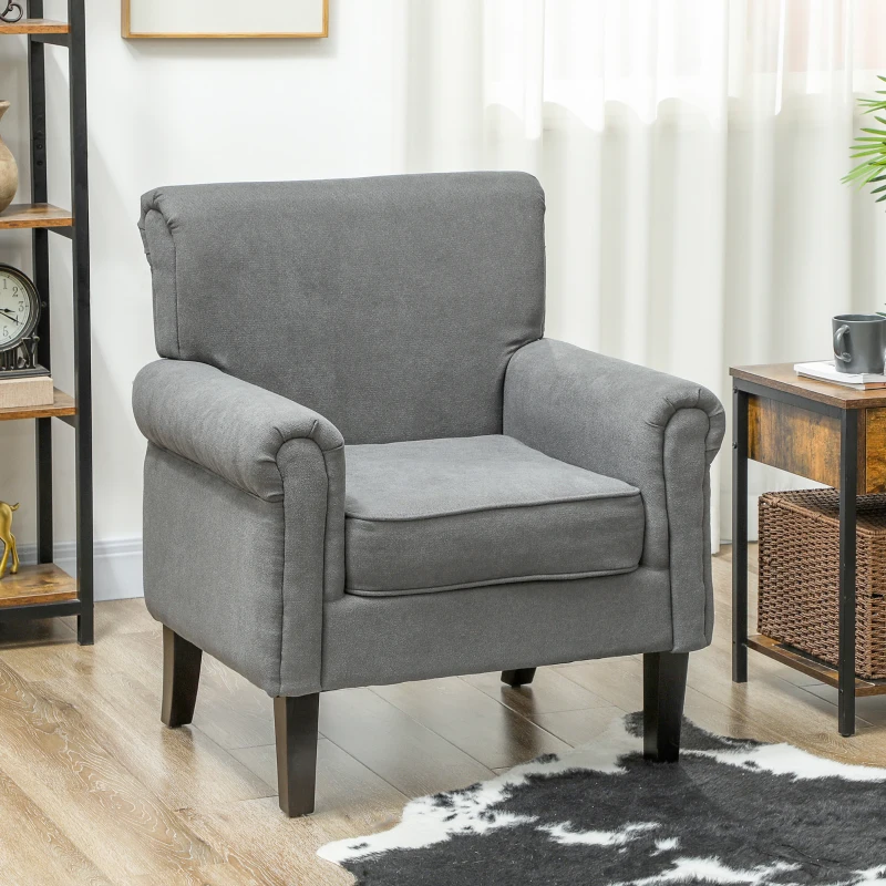 HOMCOM Poltrona Estofada em Tecido Poltrona Relax com Apoio para os Braços Assento Amovível e Lavável Pés de Madeira 79x78x87 cm Cinza Escuro