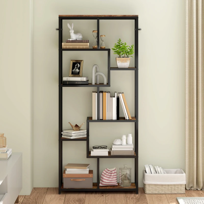 HOMCOM Seven-Tier Geometric Bookcase - Brown/Black