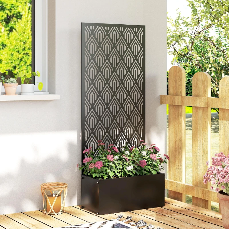 Outsunny Jardinière avec treillis, bac à fleurs, avec brise-vue, pour plantes grimpantes, métal, 45 x 21,5 x 110 cm, noir