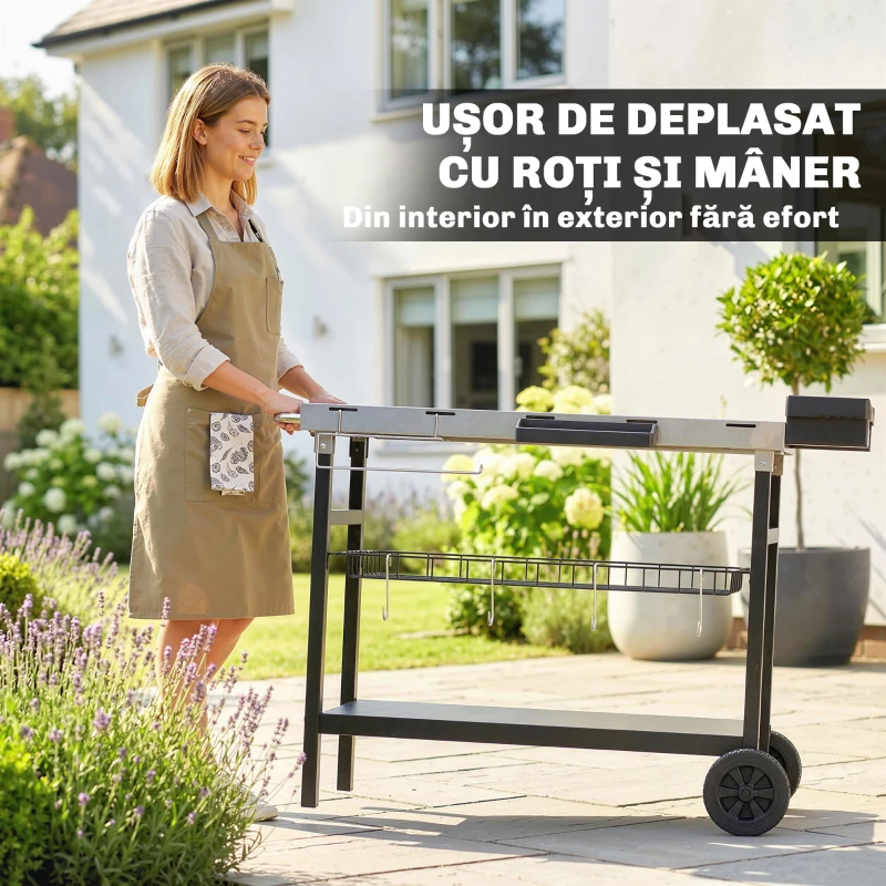 Outsunny Cărucior pentru Grătar de Exterior cu Blat din Oțel Inoxidabil, Cârlige și Mâner Lateral, Negru