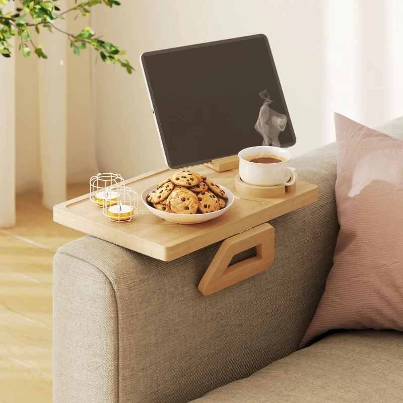 HOMCOM Bandeja de Brazo para Sofá de Bambú Plegable y Flexible con Portavasos Extraíble y Soporte Giratorio para Teléfono