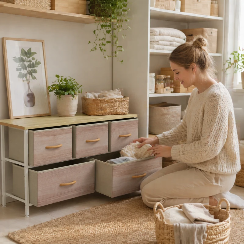 HOMCOM Kommode mit 5 Schubladen, Stoffkommode mit Metallrahmen und Holzoberfläche, Naturholz und Weiß
