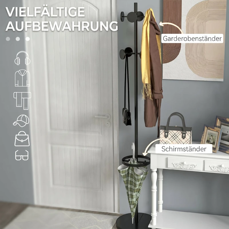 HOMCOM Cuier de Podea cu Suport pentru Umbrele și 8 Cârlige Metalice Ø34 x 177cm, Negru