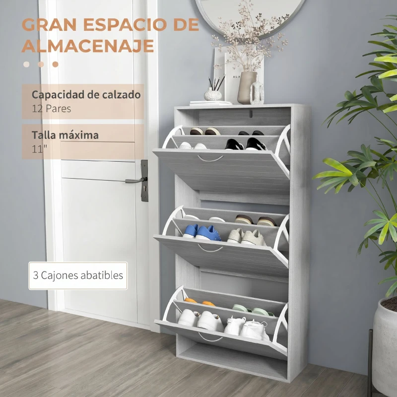 HOMCOM Zapatero Estrecho con 3 Puertas Abatibles Zapatero Entrada Recibidor Estantes Ajustables para 12 Pares de Zapatos Gris