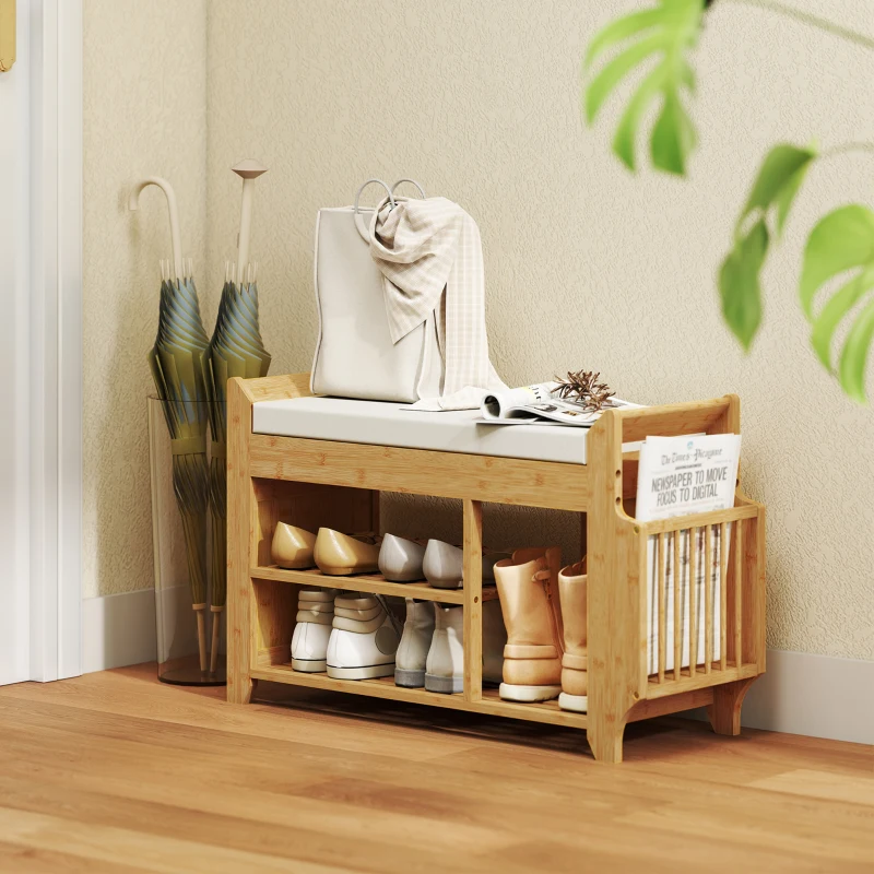 HOMCOM Banco Zapatero con Asiento Acolchado Almacenamiento Lateral Estante para Botas Marco de Bambú 80x30x50 cm Natural