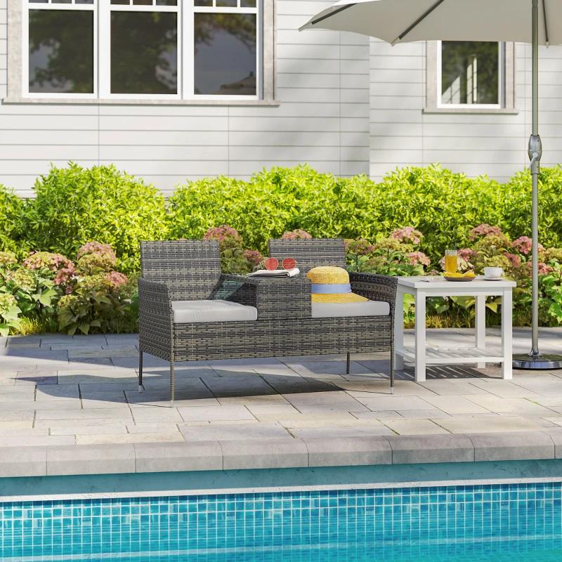 Outsunny Panchina da Esterno 2 Posti con Tavolino da Caffè, in Acciaio e Rattan PE, 137x59x82 cm, Grigio