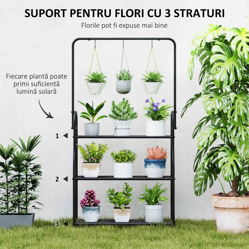 Outsunny Suport pentru plante cu 3 niveluri și 3 cârlige, din metal, 162x221.5x163 cm, negru