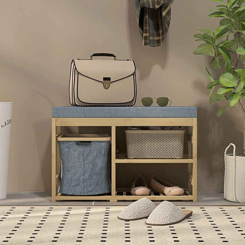 HOMCOM Banco para Sapatos de Bambu Móvel Sapateira com Assento Cesta Amovível e Prateleiras Abertas para 4 Pares de Sapatos 69x30x45 cm Madeira