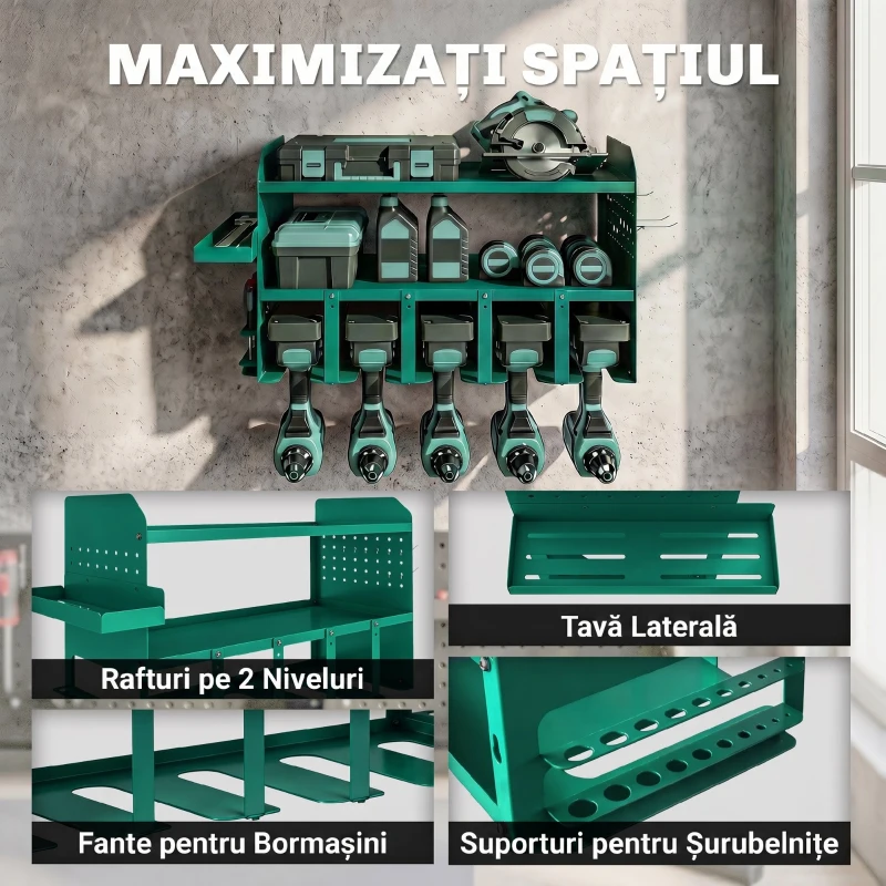 Outsunny Suport pentru Unelte, Suport pentru 5 Burghie Electrice cu Tavă Laterală