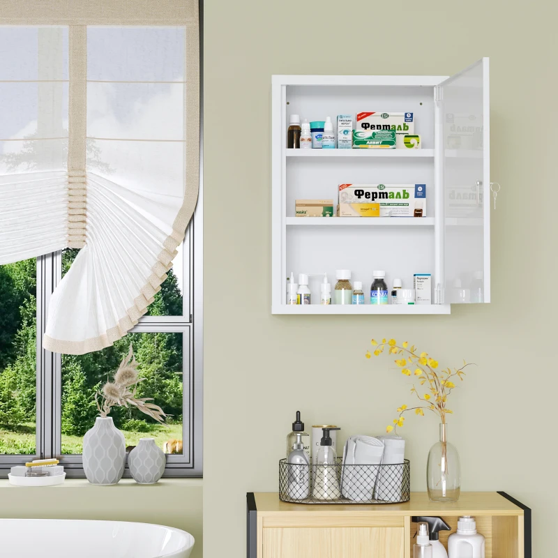 kleankin Armário de Parede para Medicamentos de Aço com 3 Prateleiras e 2 Chaves para Casa de Banho 40x15x53,5 cm Branco