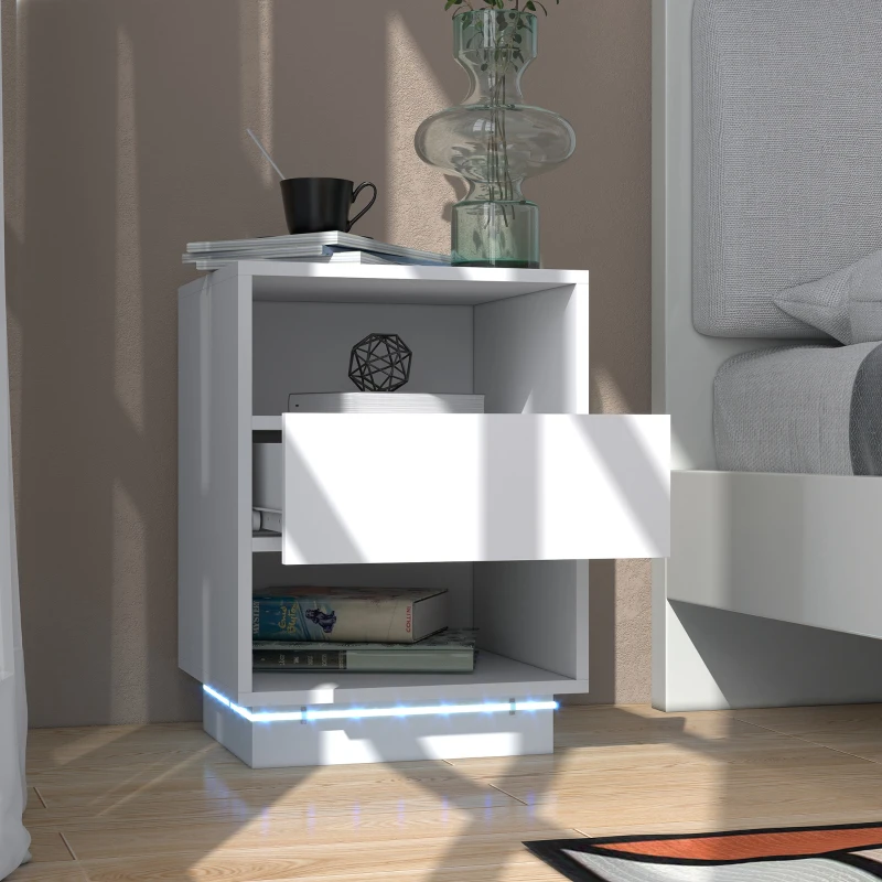HOMCOM Mesa de Cabeceira Moderna com Luz LED Controlo Remoto Gaveta de Alto Brilho e 2 Prateleiras 40x40x55 cm Branco
