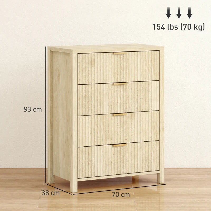 HOMCOM Comodă cu 4 sertare scanalate și mânere aurii, 70x38x93 cm, lemn natural