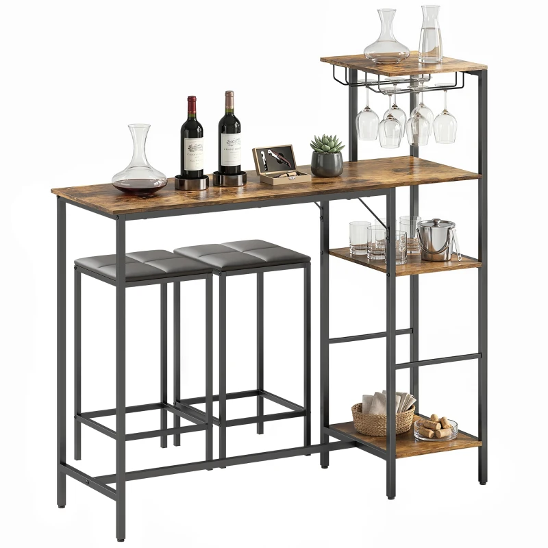 HOMCOM 3 Piece Breakfast Bar Table and Stools Set, Rustic Brown