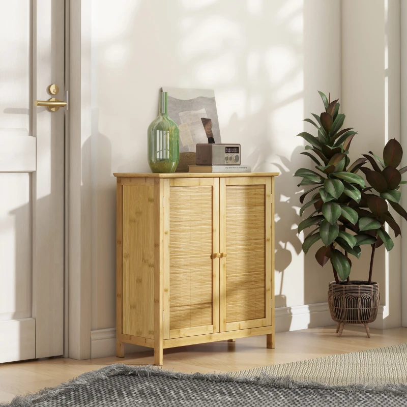 HOMCOM Aparador de Bambu de 2 Portas Aparador Boémio com 2 Prateleiras para Cozinha Entrada 60x27x67,5 cm Madeira