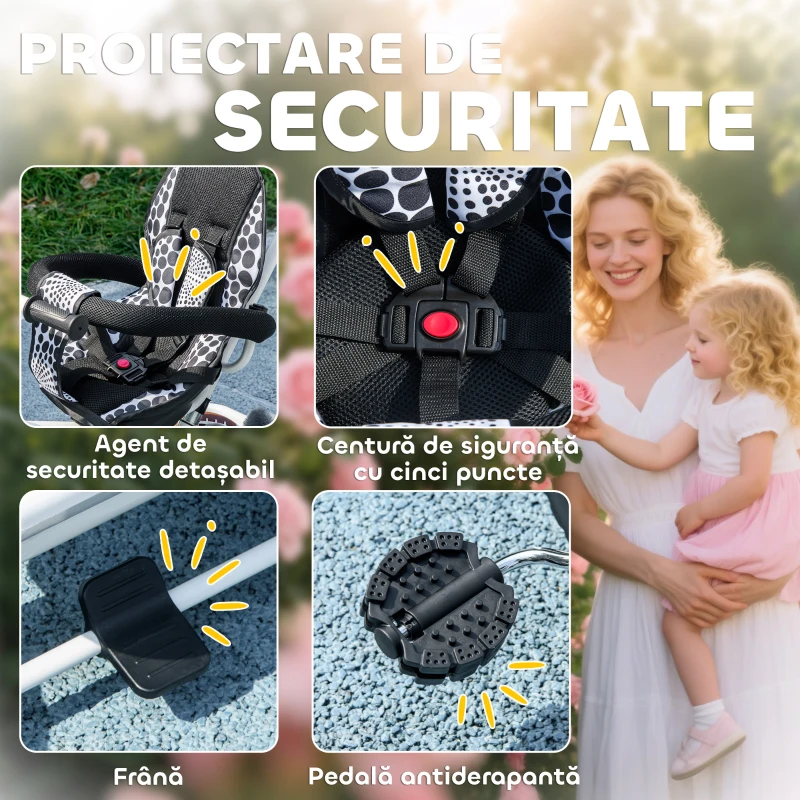 HOMCOM Triciclu pentru Copii cu Mâner de Împingere, Acoperiș, Bară de Siguranță și Cutie, 105x47x89 cm, Alb și Negru