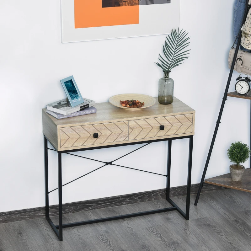 HOMCOM Tavolo Consolle Vintage in Legno e Metallo Nero per un Ingresso dal Design Contemporaneo, 2 Cassetti 90x35x76cm