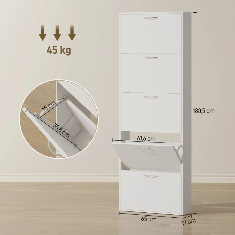 HOMCOM Mobile Scarpiera a 5 Ante Antiribaltamento, in Legno, 65x17x180.5 cm, Bianco