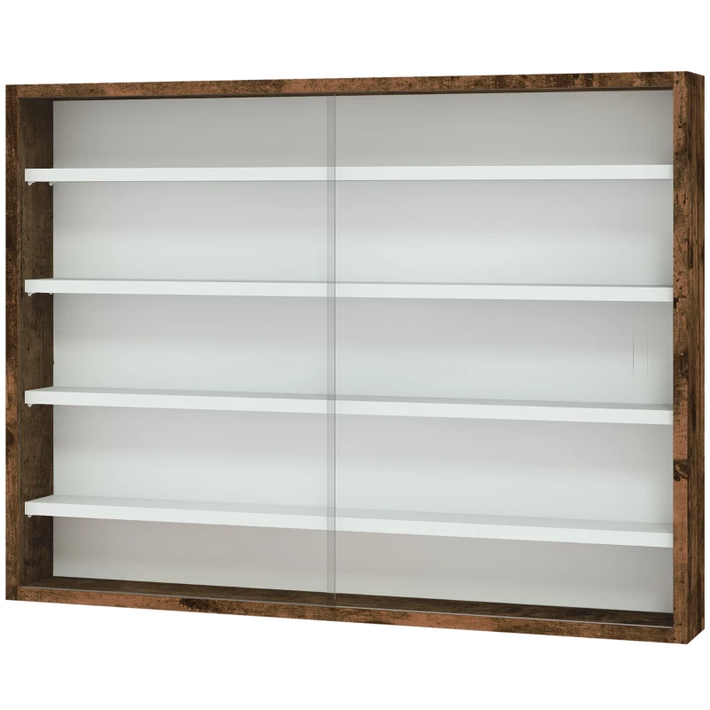 HOMCOM Vitrină de perete cu 4 rafturi ajustabile, din sticlă și lemn, 80x9,5x60 cm, maro
