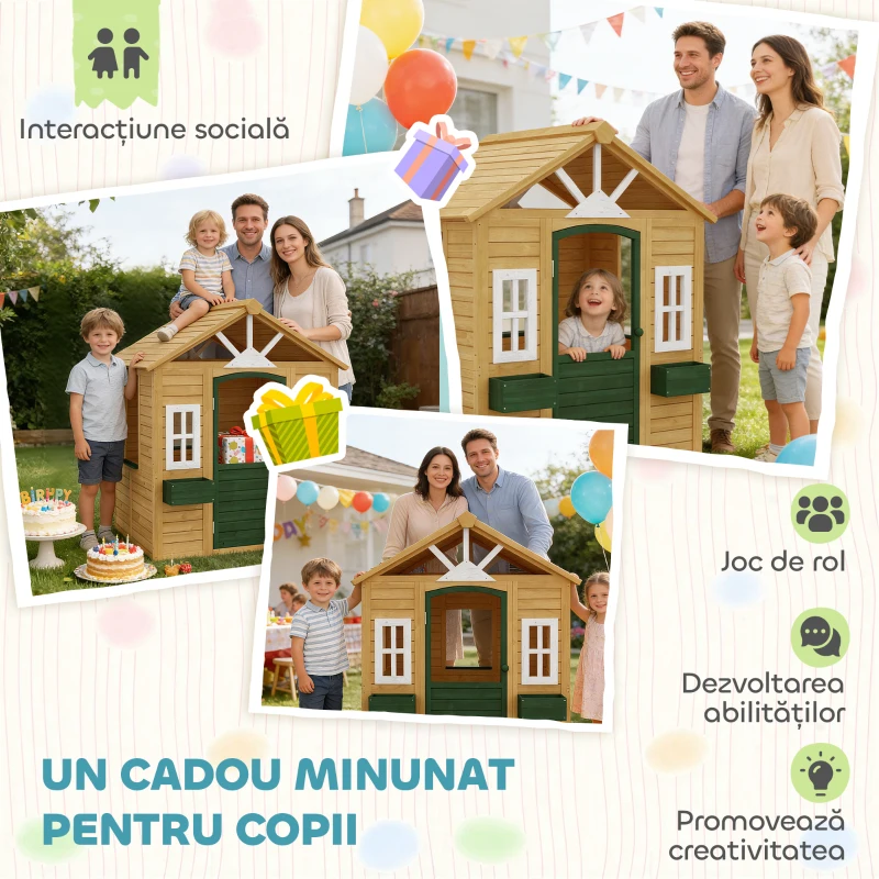 AIYAPLAY Căsuță de Grădină pentru Copii din Lemn de Molid, Căsuță de Exterior cu 3 Ferestre, 2 Jardiniere, Ușă și Acoperiș, pentru Copii 3-8 Ani, Interior și Exterior, 134.5x97x150 cm, Maro