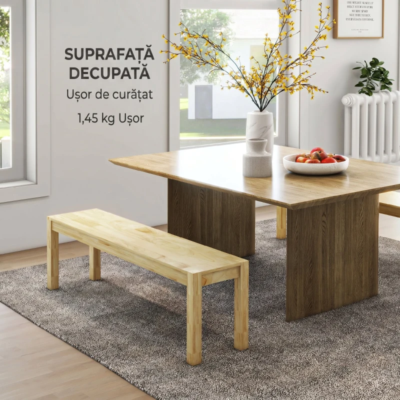 HOMCOM Bancă de bucătărie din lemn de pin pentru 3 persoane, 150Lx33x45cm, culoare lemn