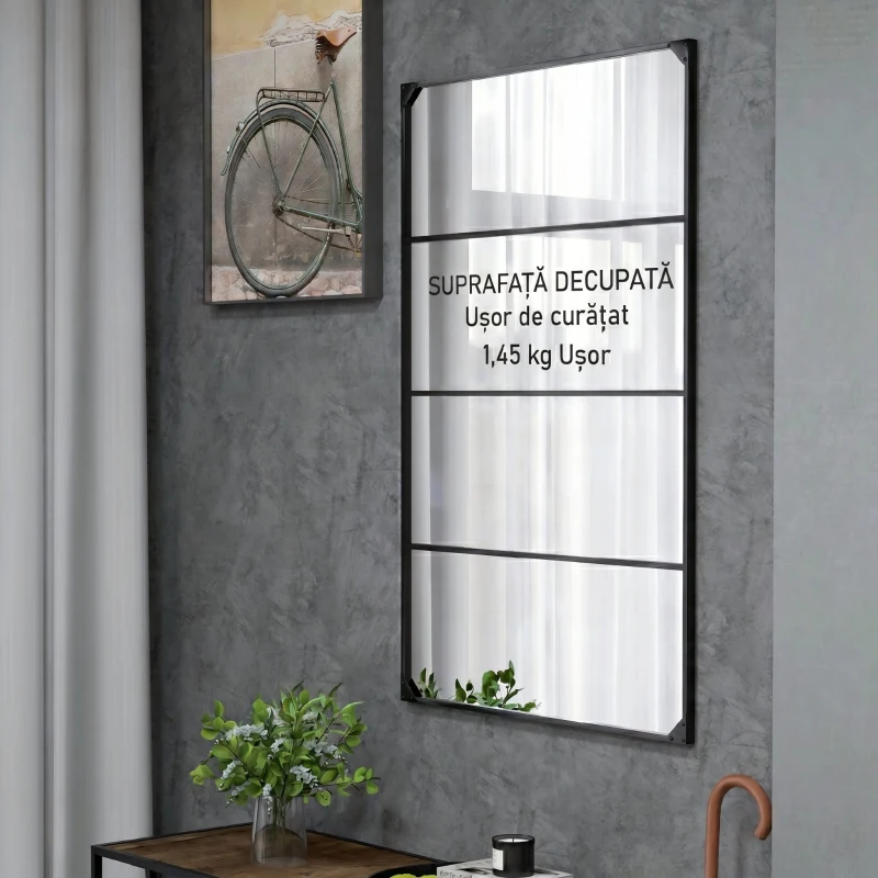 HOMCOM Oglindă de perete în stil industrial cu 4 cârlige, din sticlă multistrat, metal și MDF, 109x2x69 cm, negru