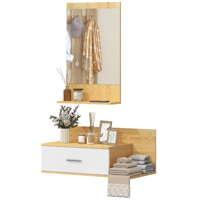 HOMCOM Set de Mobilier pentru Hol cu Oglindă, Sertar și Rafturi, Lemn Natural