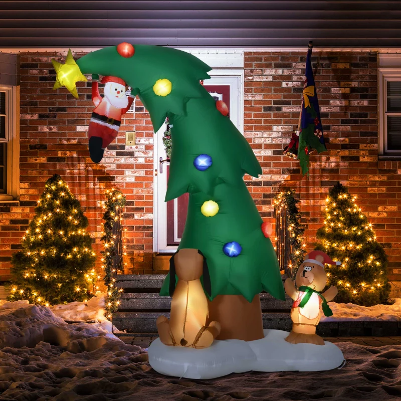 HOMCOM Albero di Natale Gonfiabile con 11 Luci a LED, Babbo Natale Cagnolino e Orso, 223 cm, Impermeabile IP44