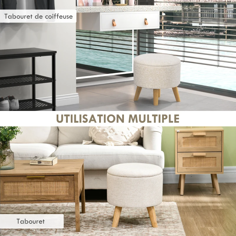 HOMCOM Pouf rond repose-pieds tabouret avec coffre de rangement pieds en bois design moderne crème
