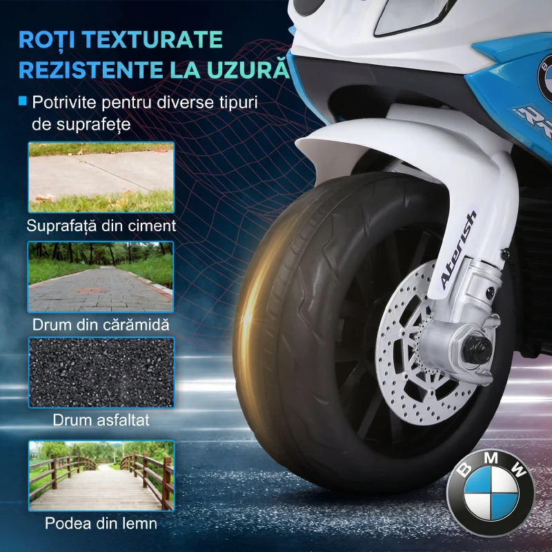 HOMCOM Motocicletă Electrică pentru Copii 18-36 Luni cu Licență BMW, 6V, 3 Roți, Faruri, Muzică, 2,5 km/h, Max 20kg, Albastru