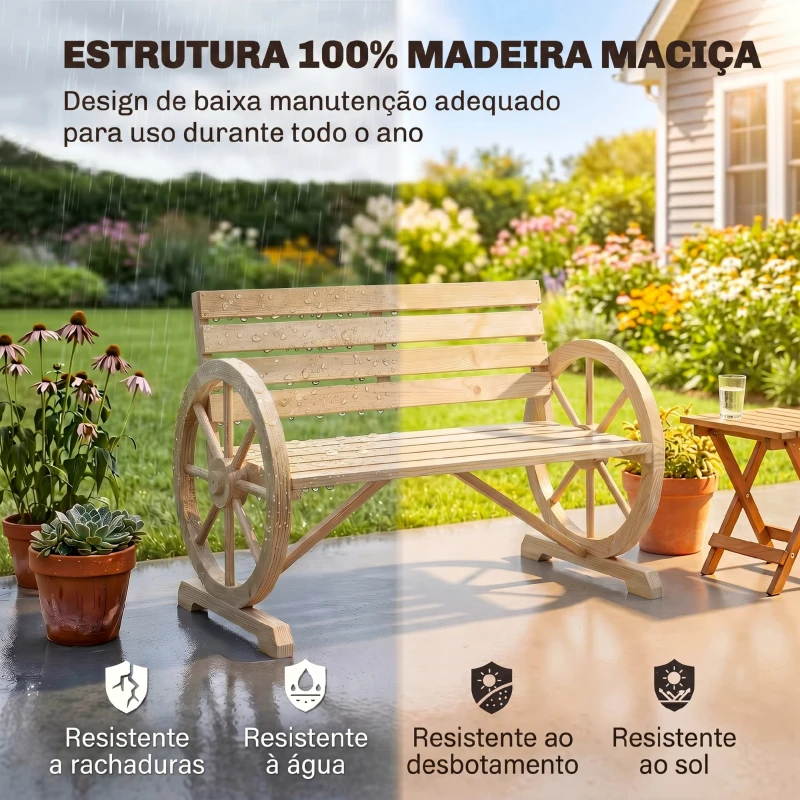 Outsunny Banco de Jardim de Madeira com Apoios em Forma de Roda para 2 Pessoas 105,5x56x79 cm Madeira