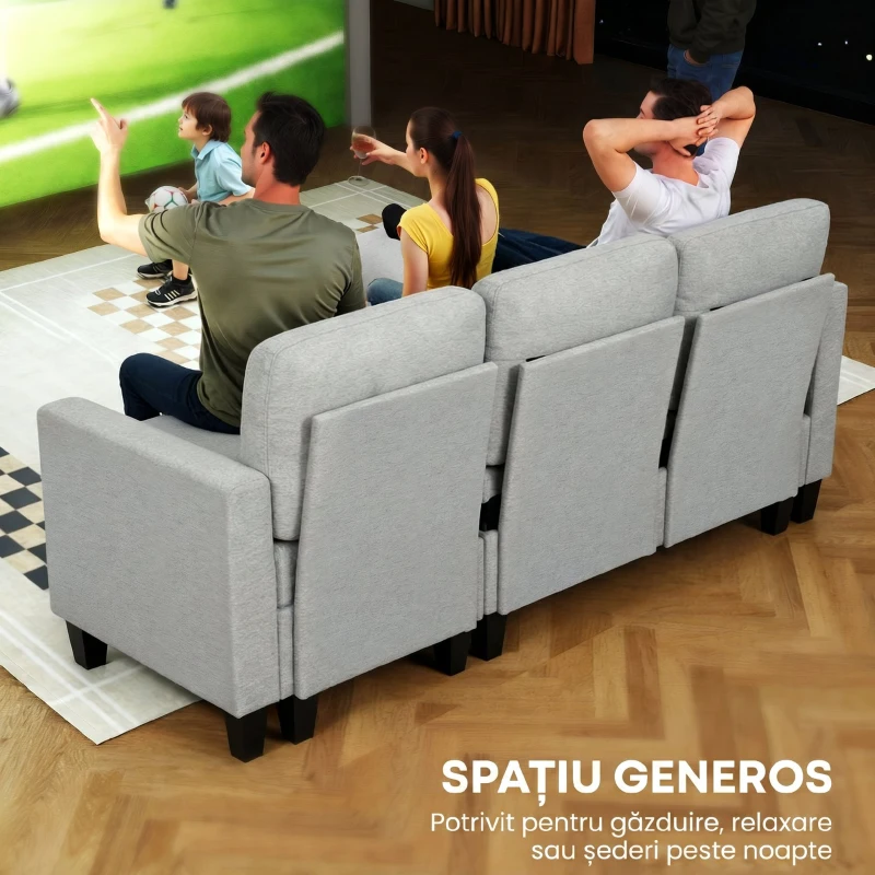 HOMCOM Canapea extensibilă cu 3 locuri, șezlong și spațiu de depozitare, material textil cu efect de in, 197x129x85 cm, gri și negru