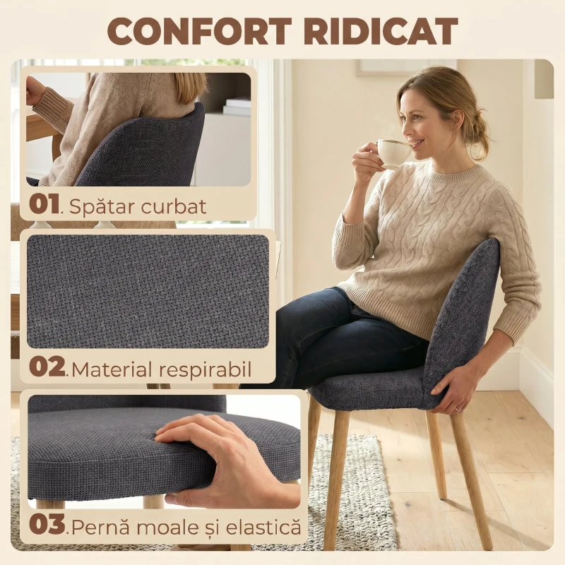 HOMCOM Set de 2 Scaune de Masă Tapițate cu Picioare din Lemn de Hevea, Țesătură, Gri Deschis