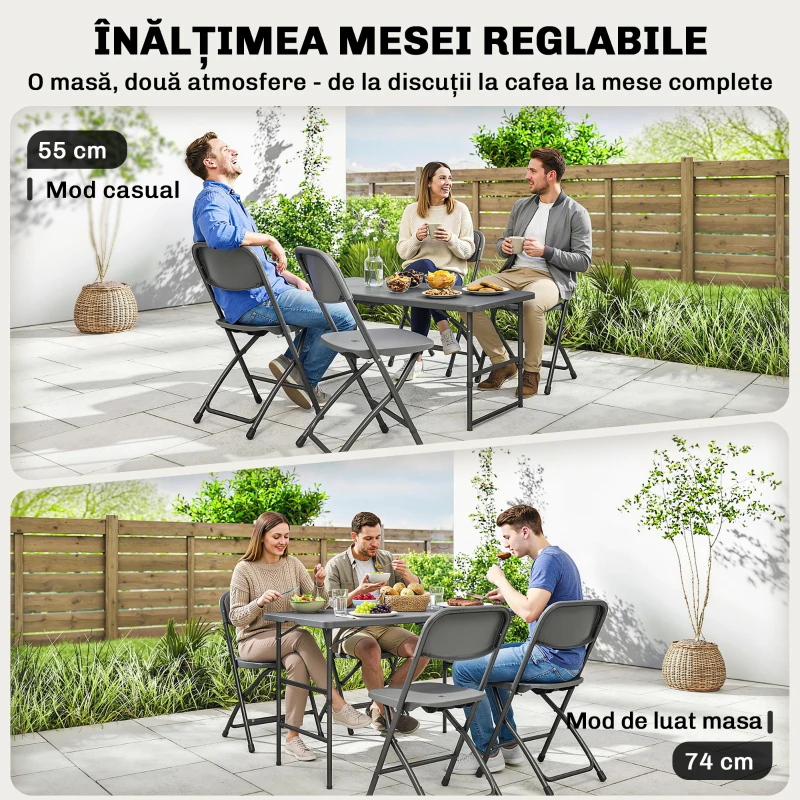 Outsunny Set Masă Reglabilă și 4 Scaune de Grădină Pliabile din HDPE cu Efect de Lemn, Gri Închis