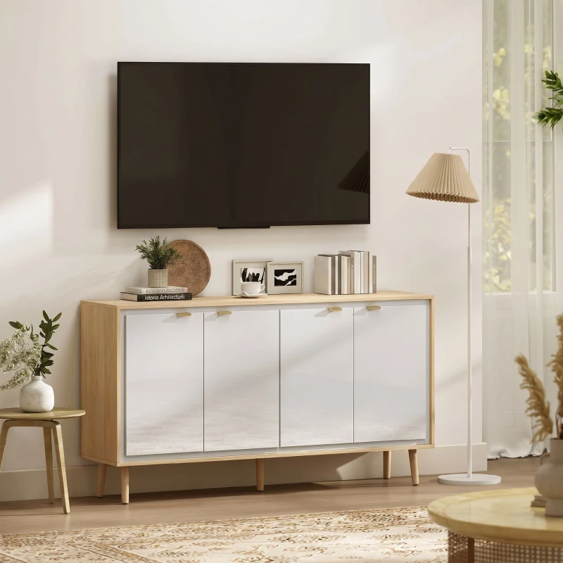 HOMCOM Bufet Modern cu 4 Uși și Raft Reglabil, 141x35x77 cm, Alb Lucios și Stejar