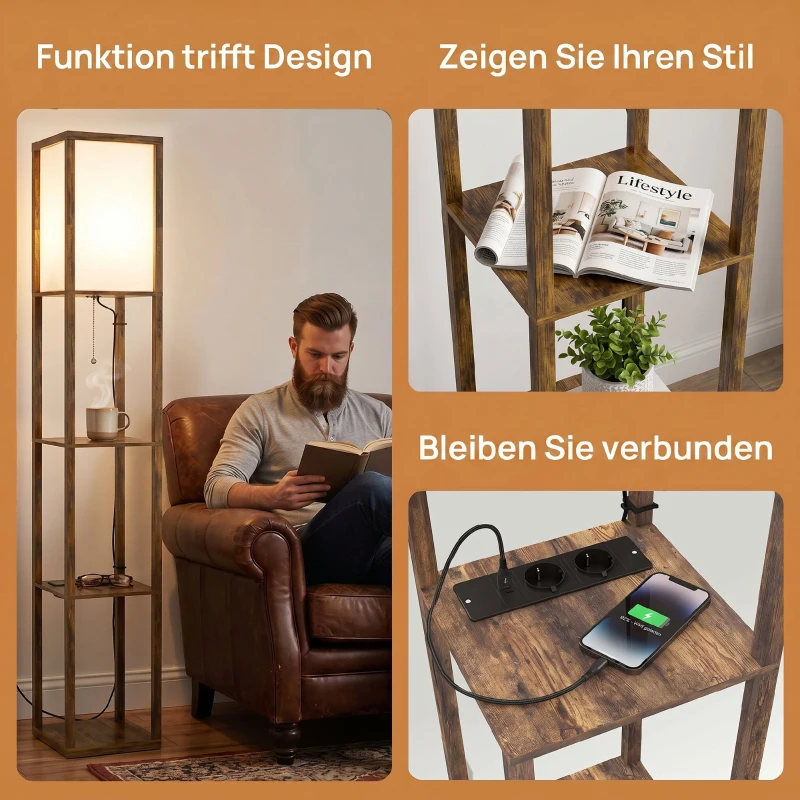 HOMCOM LED Stehlampe mit 3 Regalen, Stehleuchte mit E27 Fassung, 26 x 26 x 160 cm, für Wohn-/Schlafzimmer