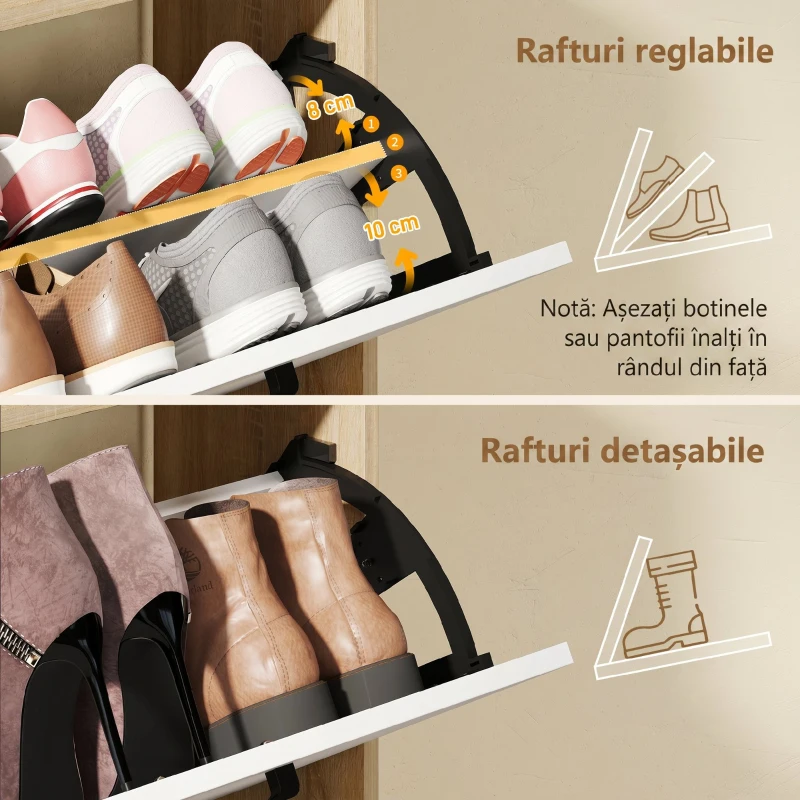 HOMCOM Dulap Slim pentru Pantofi cu 2 Sertare Rabatabile și 3 Compartimente, Capacitate 15 Perechi, 83x24x90,5 cm, Lemn și Alb