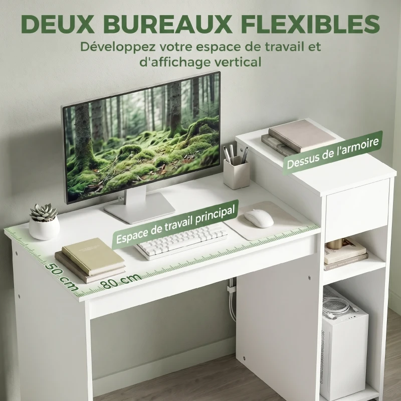 HOMCOM Bureau informatique avec tiroir et étagère, bureau d'ordinateur avec support d'unité centrale, 108 x 50 x 82 cm, blanc