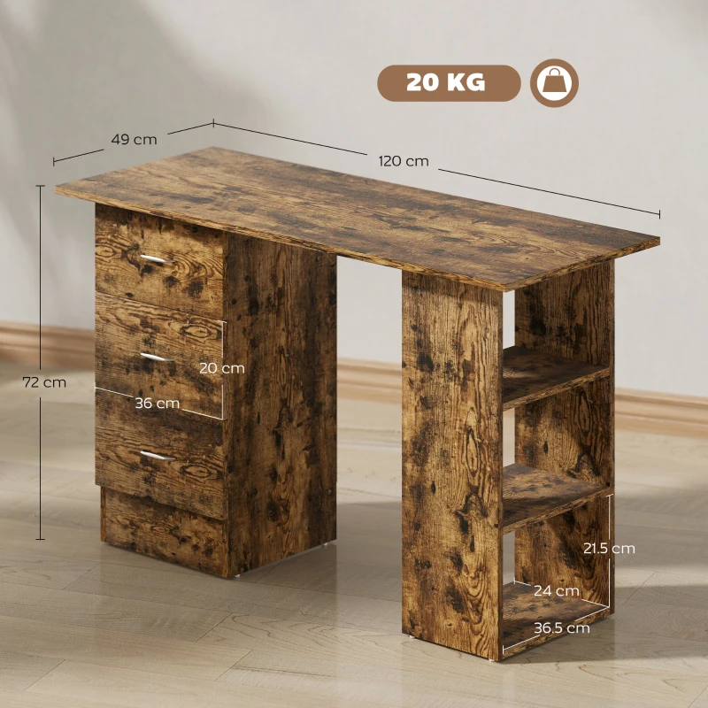 HOMCOM Computer Desk with Drawers, Home Office Desk, Writing Table, PC Workstation with 3 Storage Shelves for Working, Study, 120 x 49 x 72 cm, Rustic Brown