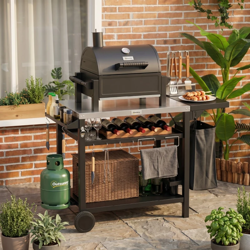 Outsunny Cărucior pentru grătar cu masă pliabilă din oțel inoxidabil, 2 roți și accesorii, 125x65x84 cm, negru