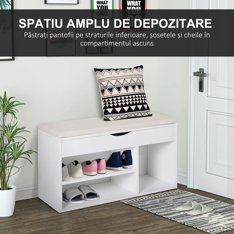 HOMCOM Bancă pentru Pantofi de Intrare, Economisitoare de Spațiu, cu Șezut Imblopat și Rafturi Deschise, pentru Hol, Alb