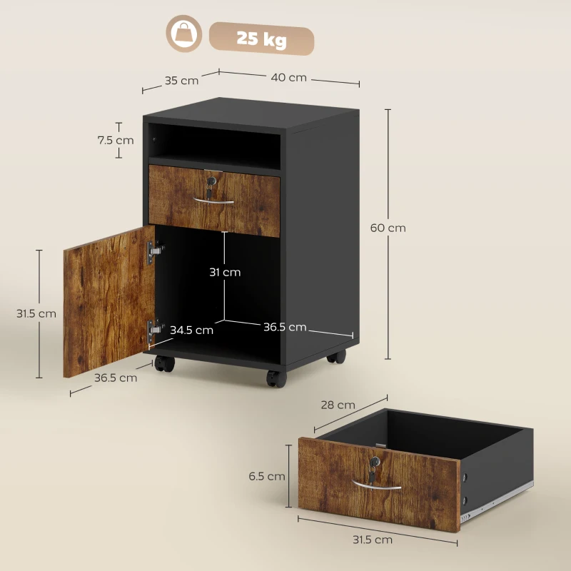 HOMCOM Mobile per Ufficio con Ripiano Aperto, Cassetto con Serratura e Armadietto, 40x35x60 cm, Marrone