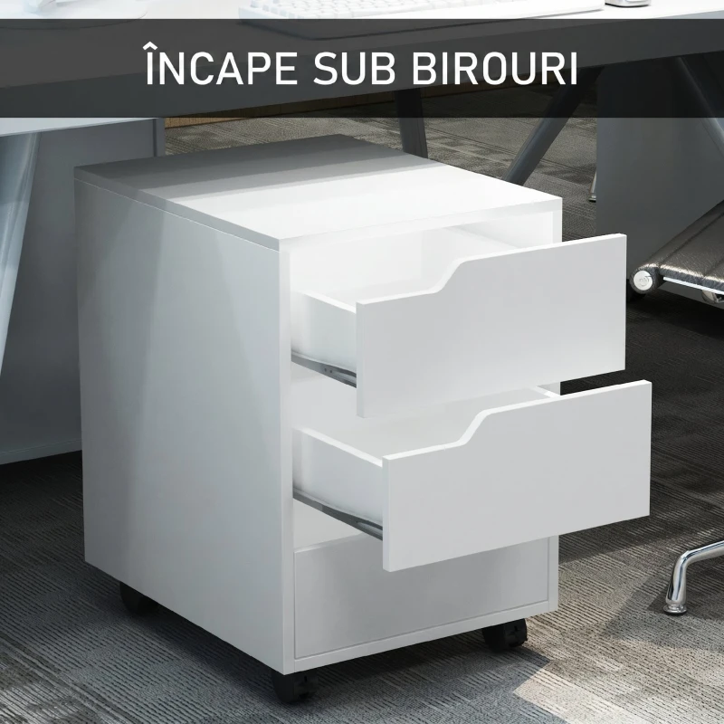 HOMCOM Comodă de birou cu 3 sertare și mânere ascunse, din lemn și metal, 40x50x57.5 cm, alb