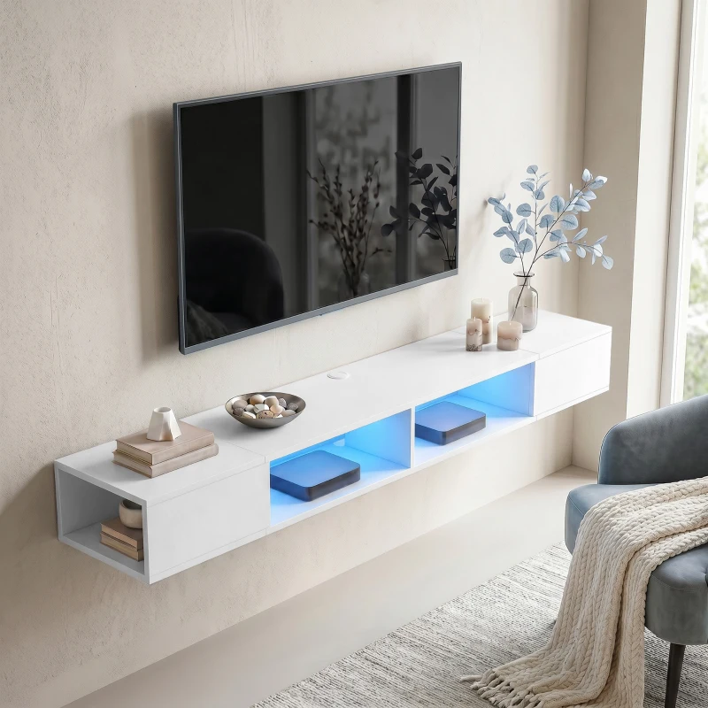 HOMCOM Móvel de TV Suspenso com Luzes LED e Estantes Abertas para Televisão até 75'' 177,8x30x18 cm Branco