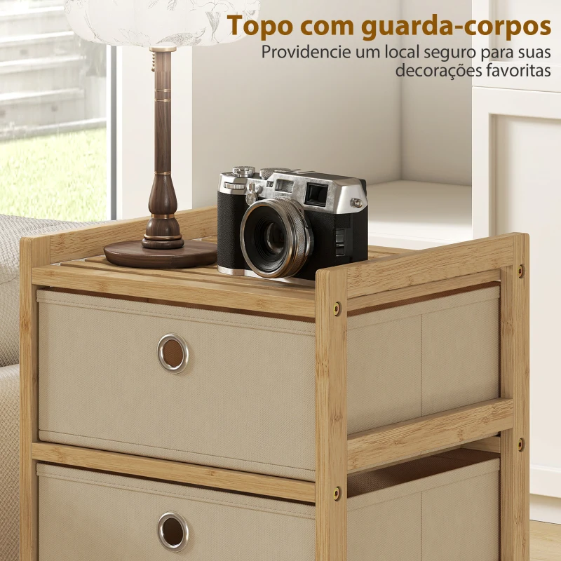 HOMCOM Cómoda com 5 Gavetas em Tecido, Estrutura de Bambu, Ideal para Espaços Pequenos, Creme e Madeira