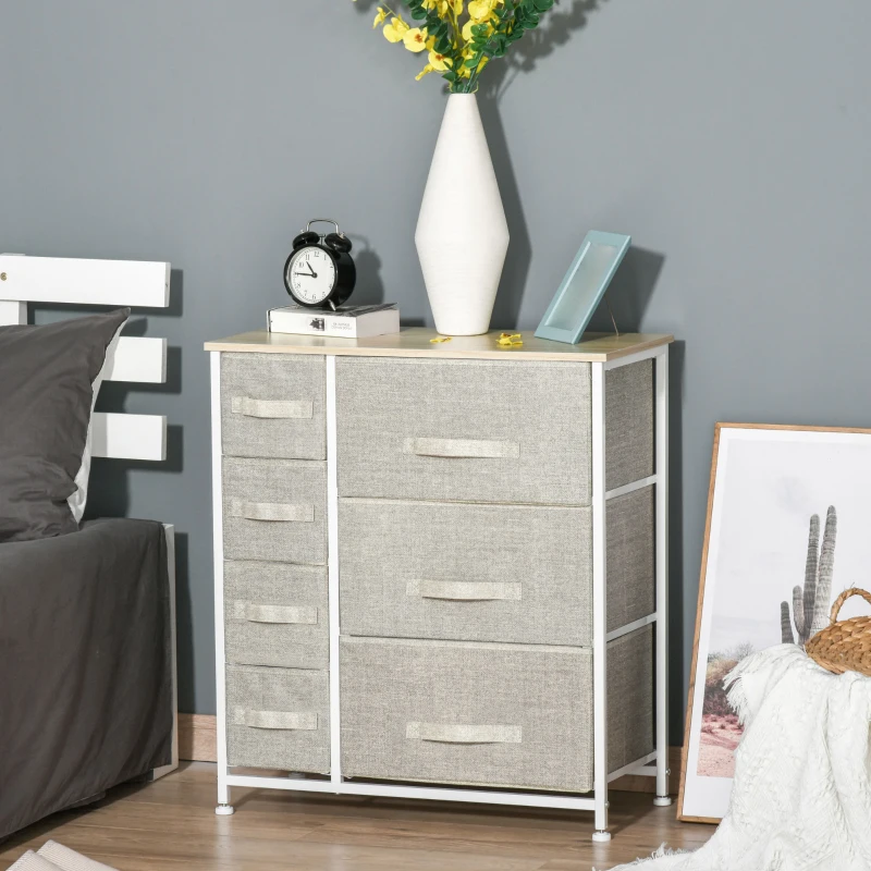 HOMCOM Commode 7 tiroirs en tissu, chiffonnier, meuble de rangement moderne, cadre en acier, 63,5 x 30 x 71 cm, gris