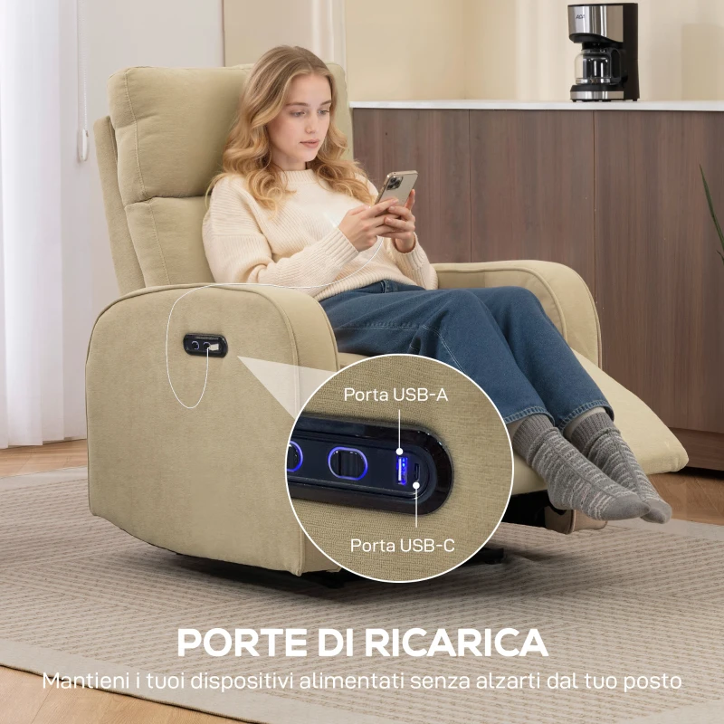 HOMCOM Poltrona Reclinabile Elettrica in Ciniglia con Poggiapiedi, Poggiatesta Regolabile e Prese, 80x93x103 cm, Beige