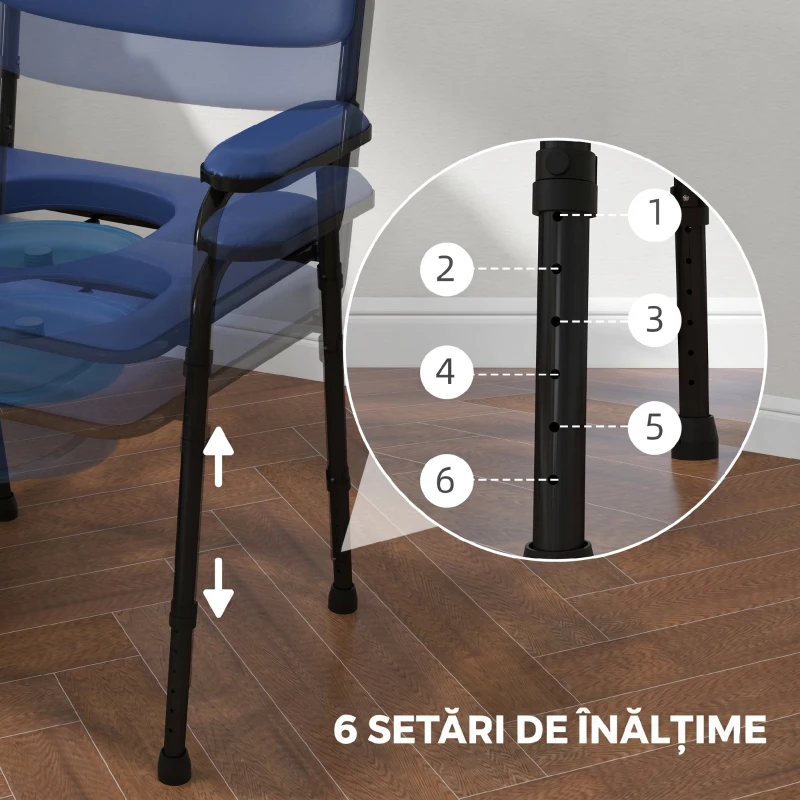 HOMCOM Scaun Confortabil 5 în 1 pentru Vârstnici și Persoane cu Dizabilități pentru WC și Duș, Înălțime Reglabilă și Găleată Detașabilă, Albastru
