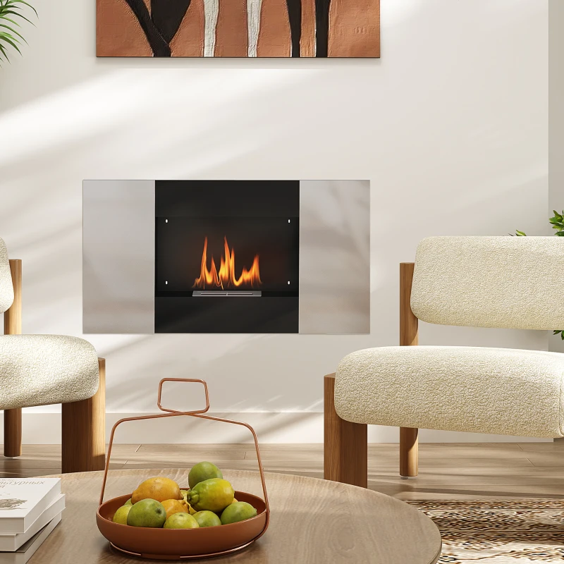 HOMCOM Șemineu Bioetanol 0,9L de Perete din Oțel Inoxidabil, 100x15x54 cm, Negru și Argintiu