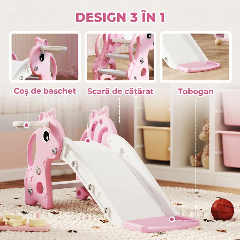 AIYAPLAY Tobogan pentru Copii cu Scară, Coș de Baschet și Minge, Design Girafă, pentru Copii 1-3 Ani, Roz